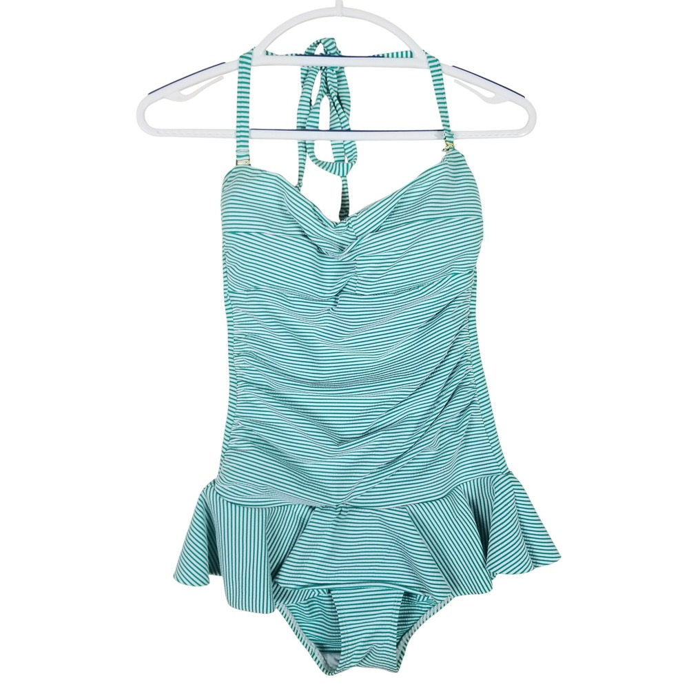 Lauren Ralph Lauren Swimsuit Women 8 Green Striped Ruffle Skirt Ruched Halter